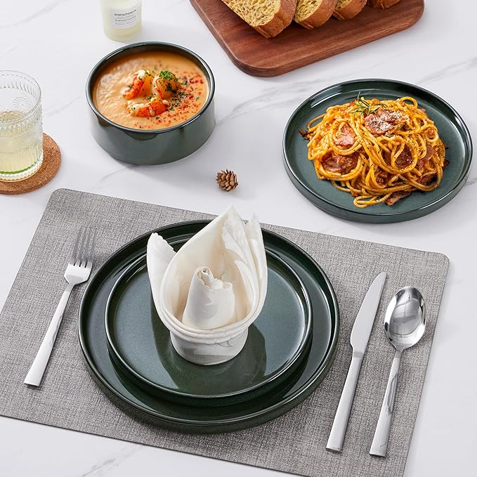 LIANYU Plates and Bowls Sets for 4, 12 Piece Stoneware Dinnerware Dishes Set, Ceramic Dinner Dishware for Pasta Dessert Cereal, Rustic Terracotta Bottom, Chip Resistant & Dishwasher Safe, Hunter Green