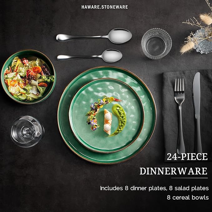 HaWare Dinnerware Sets, 24-Piece Plates and Bowls Set, Stoneware Dish Set for 8, Ceramic Dinnerware for Home Restaurant, Chip and Scratch Resistant, Microwave and Dishwasher Safe, Reactive Green