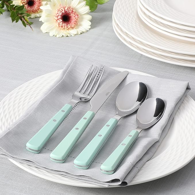 Martha Stewart Watercliffe 16 pc Flatware Silverware Set - Stainless Steel Utensils - Forks, Spoons, Knives - Martha Blue