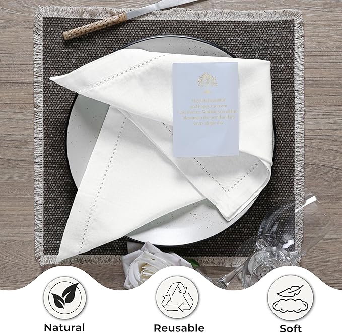 Ramanta Home White Cloth Dinner Napkin Set of 12-20x20 Inch, Premium Cotton Linen Flax Hemstitched Napkins, Soft Durable Washable for Everyday Use Thanksgiving Christmas Parties Halloween