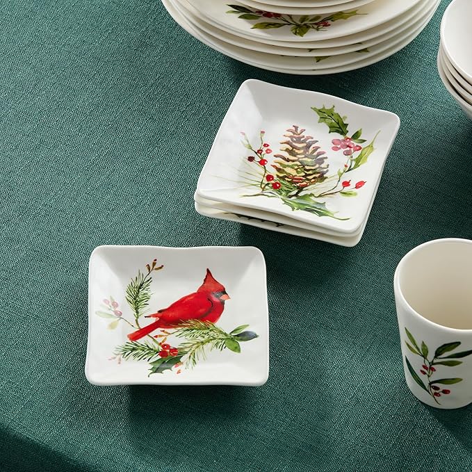 Holly and Vines Christmas Canape Plates Set of 4 – Stoneware Holiday Appetizer Plates with Birds, Berries & Pinecones, Artist-Designed Winter Tableware for Entertaining & Gifting