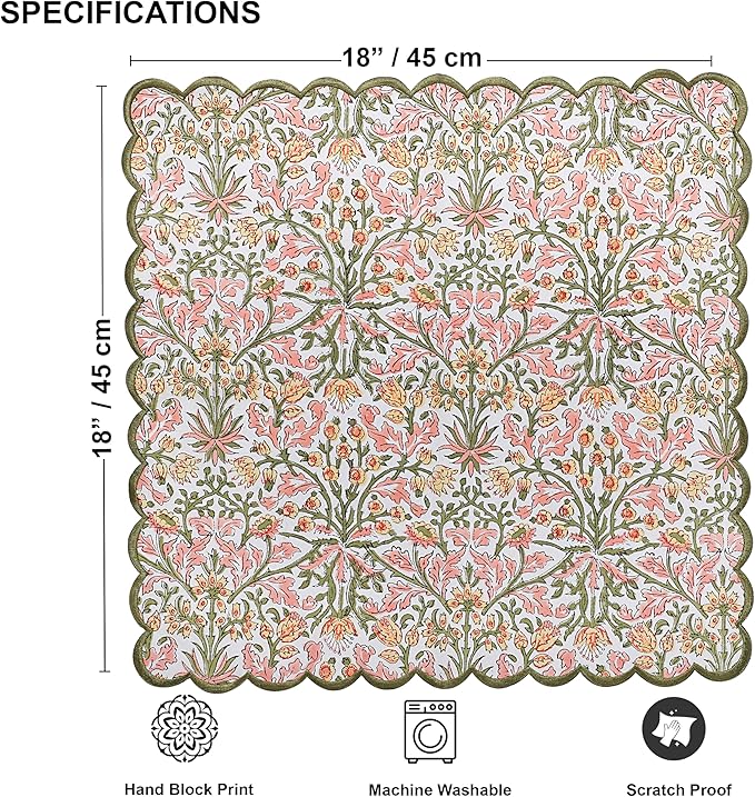 Ridhi Hand Block Print Sassy Salmon Pink 18" x 18" (Set of 4) Embriodery Table Napkins Reusable Cotton Dinner Napkins for Weddings, Parties, Everyday Dining Gift for Spring, Easter, Valentine