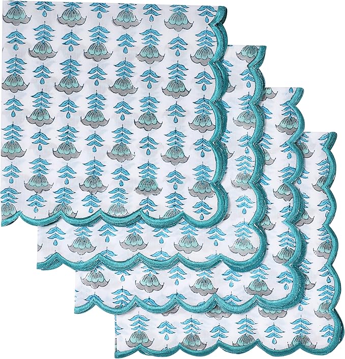 Ridhi Hand Block Print Aquamarine Blue 18" x 18" (Set of 4) Embriodery Table Napkins Reusable Cotton Dinner Napkins for Weddings, Parties, Everyday Dining Gift for Spring, Easter, Valentine