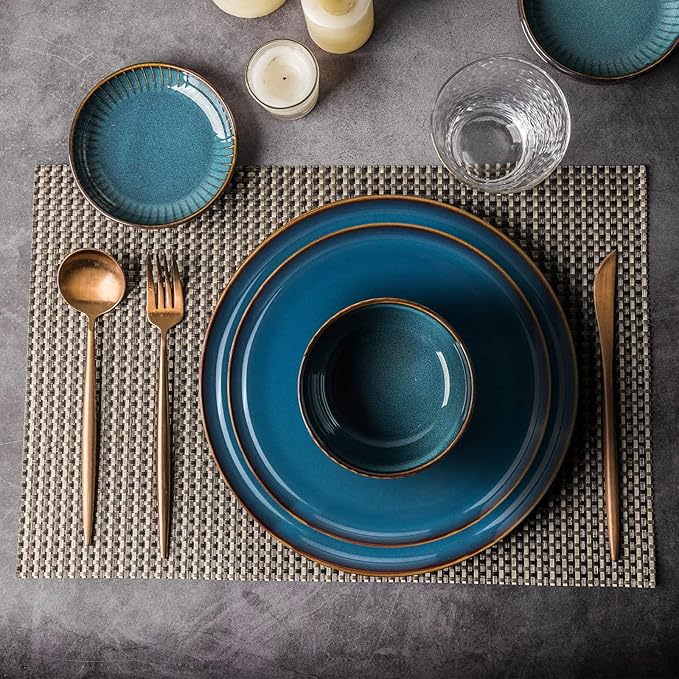 CSYY 2 Pack Large Dinner Plates, 10.5 Inch Blue Porcelain Salad Plates Round Ceramic Serving Dining Plate Set for Dinner Pasta Fruit Salad