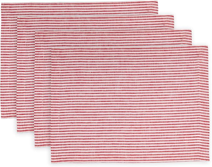 Solino Home Linen Cloth Placemats Set of 4 - Narrow Stripe 100% Pure Linen Red and White Farmhouse Placemats 14 x 19 Inch for Christmas, Holiday, Winter, New Year