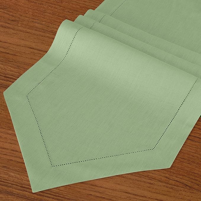 D'Moksha Homes Sage Green Linen Table Runner 120 Inches Long - 100% Pure Linen Diamond Table Runner 14 x 120 Inch for Dining, Winter, Christmas, Holiday, New Year - Machine Washable