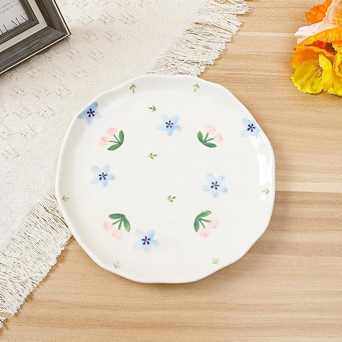 Koythin Floral Ceramic Dinner Plates, 8" Microwave Safe Dishes for Pasta, Modern Rustic Appetizer Plate for Salad Fruits Dessert Cake (Blue Flowers)
