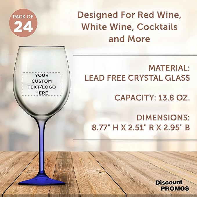 Custom Wine Glasses 14 oz. Set of 24, Personalized Bulk Pack - Restaurant Glassware, Perfect for Red Wine, White Wine, Cocktails and More - Blue