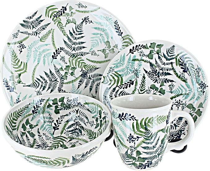 Blue Rose Polish Pottery - Green Woodland Fern 16 Piece Dinner Set - 4 Place Settings - Great for Everyday Dining, Casual Dining, or as Formal Dinnerware