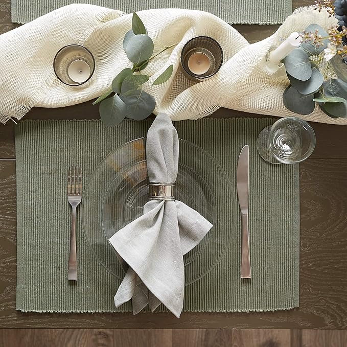 DII Basic Everyday Ribbed Tabletop 100% Cotton, Placemat Set, 13x19, Artichoke, 6 Piece