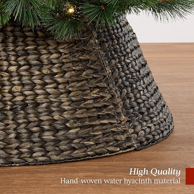 Best Choice Products 24in Christmas Tree Collar, Woven Hyacinth 3-Piece Holiday Rattan Tree Skirt Accessory for Home w/Cord Cut-Out - Espresso