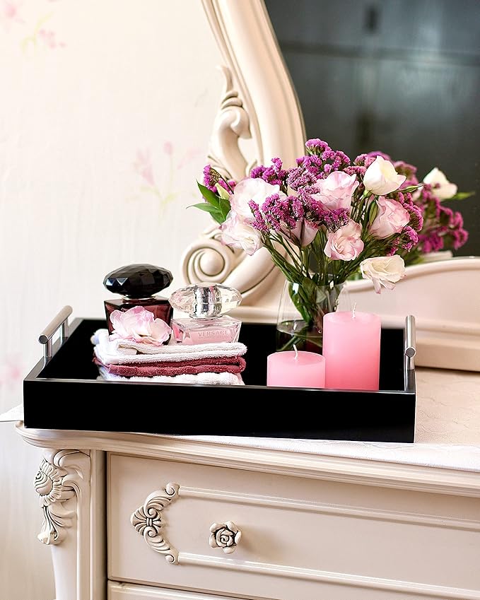 Coffee Table Tray - with Gold and Silver Metal Handles for Serving, Home Decor, Bathroom, Ottoman Design, Wooden Tray 16x12in (Black)