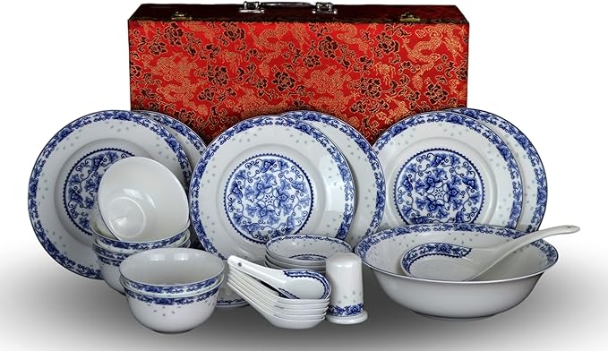 28-piece Bone China Blue and White Dinnerware Set Service for 6 Rice Bowl Set Jingdezhen, (blue lotus)