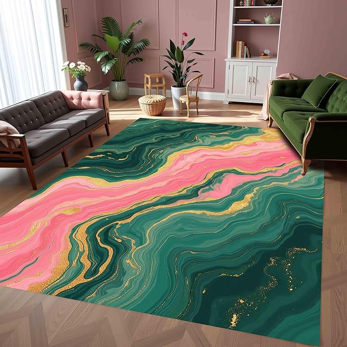 Green Pink Gold Unique Marble Wavy Design Indoor Area Rug 5x7 for Living Room Bedroom Dining Room Washable Non Skid Soft Large Carpet Guestroom Kitchen Dorm Floor Mats Modern Abstract Floor Rugs