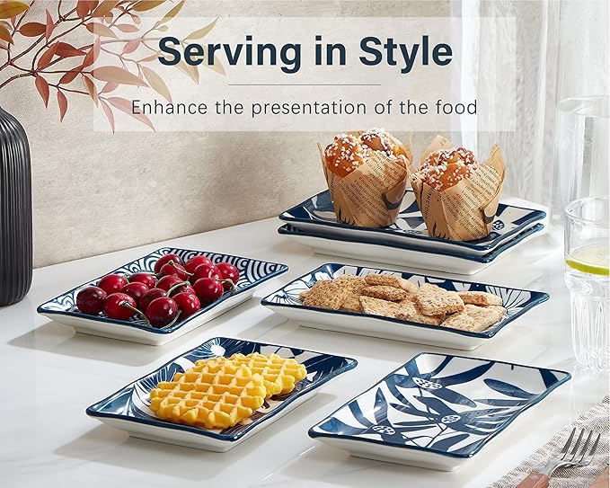 ONEMORE Rectangular Serving Plates Set of 6-7.5 inch Ceramic Blue and White Appetizer Plates - Microwave, Oven & Dishwasher Safe, Classic Style, Sturdy, Scratch Resistant - Vintage Blue