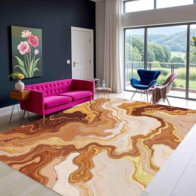 Contemporary Beige Warm Brown Gold Abstract Marble Texture Indoor Area Rug 3x8 for Living Room Bedroom Dining Room Soft Non Slip Washable Large Carpet Dorm Nursery Kitchen Art Deco Aesthetic Rugs