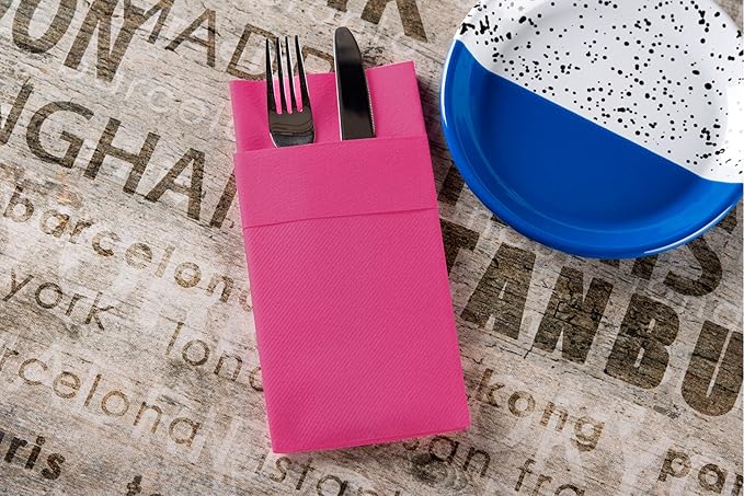 Fuchsia Dinner Napkins Cloth Like with Built-in Flatware Pocket, Linen-Feel Absorbent Disposable Paper Hand Napkins for Kitchen, Bathroom, Parties, Weddings, Dinners or Events, 1/8 Fold, Pack of 50