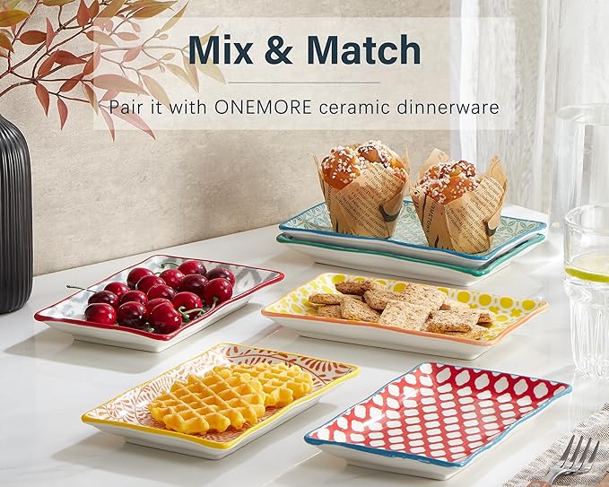 ONEMORE Appetizer Plates Set of 6-7.5 inch Small Serving Platters, Ceramic Rectangular Plates for Sushi Salad Dessert - Microwavable Oven & Dishwasher Safe, Scratch Resistant- Assorted Colors