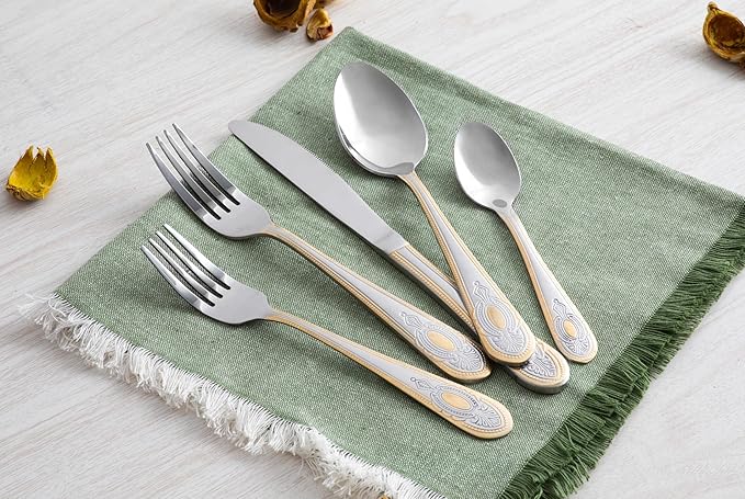 20 Piece Flatware Set - Vintage Handle with Gold Detailing - 18/10 Stainless Steel Silverware - Complete Cutlery Set for 4 - Home Essentials, Dishwasher Safe - For All Occasions (20 Piece, Lucca)