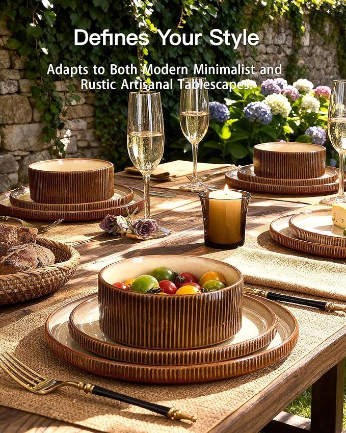 Stoneware Plates and Bowls Dishes Sets Service for 6 (18-Piece), Handcrafted Reactive Glaze Dinnerware Set with Raised Rim, Scratch Resistant, Microwave Dishwasher Safe, Cream Cocoa
