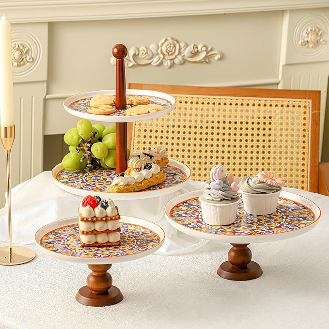 Ceramic Cake Stand with Elegant Wood Curved Footed, 10” Versatile Dessert Stand, 2-in-1 Dessert Table Display Set & Charcuterie Board for Birthday/Kitchen/Party/Charcuterie, Orange
