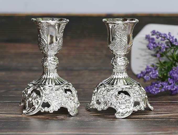 Silver Taper Candle Holders with Deluxe Engraved Design, Set of 2 Premium Metal Silver Candlestick Holders