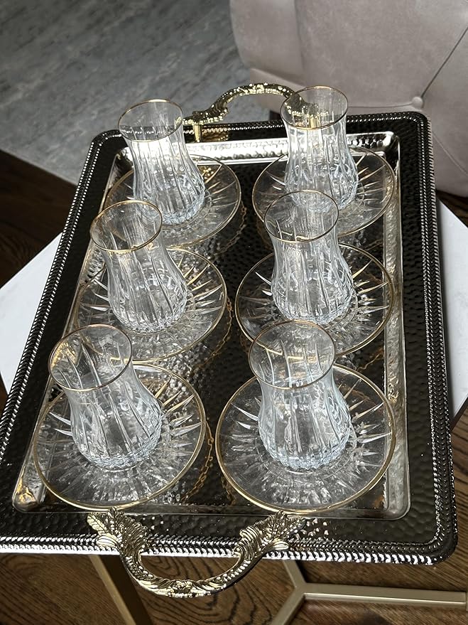 Decorative Serving Tray with Gold Handles, Hammered Stainless Steel, Large Rectangle, Premium Food-Safe