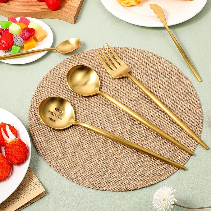 5 Pcs Gold Stainless Steel Serving Utensils Set 10 Inch Gold Serving Flatware Set, Includes Servings Fork, Slotted Spoon, Sugar Spoon, Butter Knife for Buffet, Wedding, Party