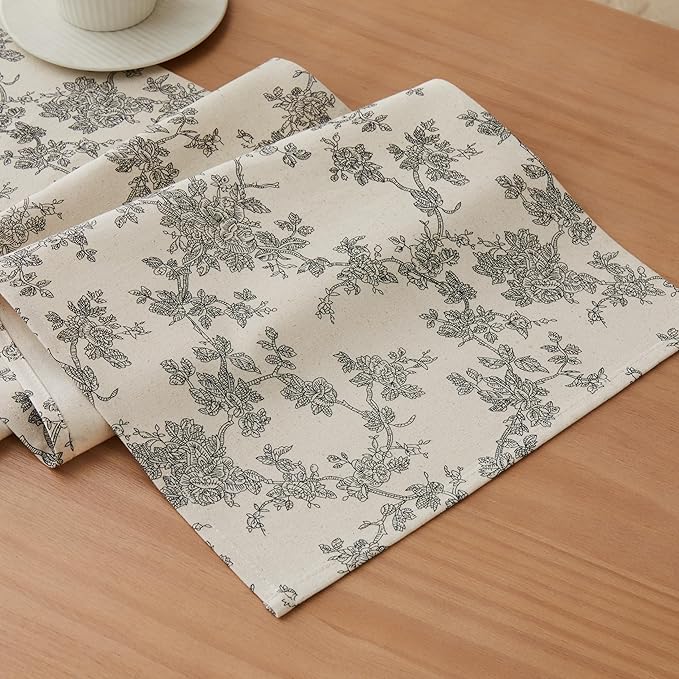 100% Cotton French Pastoral Table Runners, 13x72 Inch Black Farmhouse Table Runners 72 Inches Long, Vintage Flowers Print Home Decors