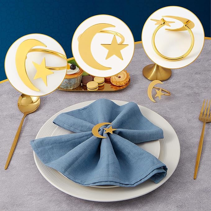 APTWOW Gold Ramadan Bismillah Napkin Rings Set of 6 - Eid Mubarak Napkin Holder, Moon and Star Metal Napkin Rings for Ramadan Banquet Party Dining Table Decoration