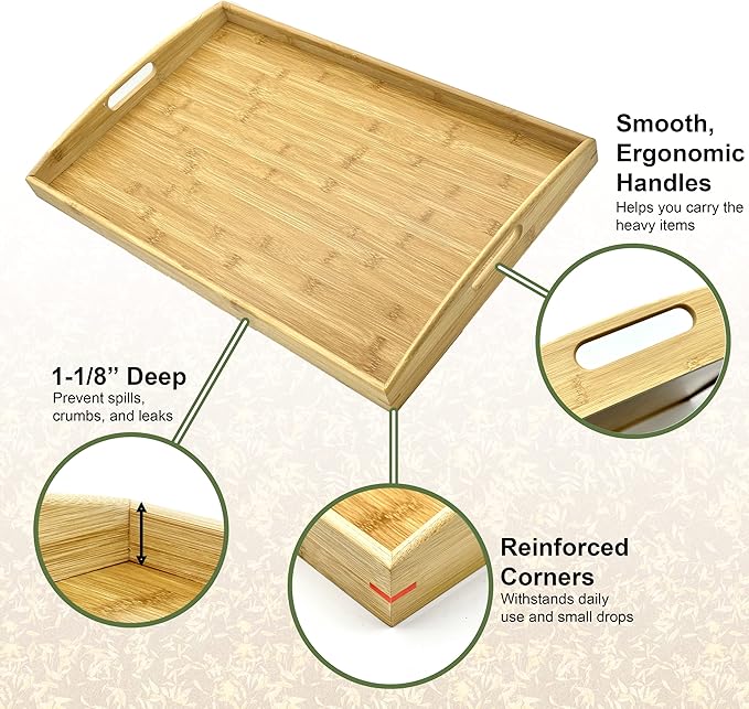 Bam & Boo Natural Bamboo Serving Tray Extra Large Rectangular with Handles for Food, Drinks, Storage, Decor, Vanity, Breakfast, Parties, Weddings, Picnics(17.75” x 13” x 2.35”, Natural)