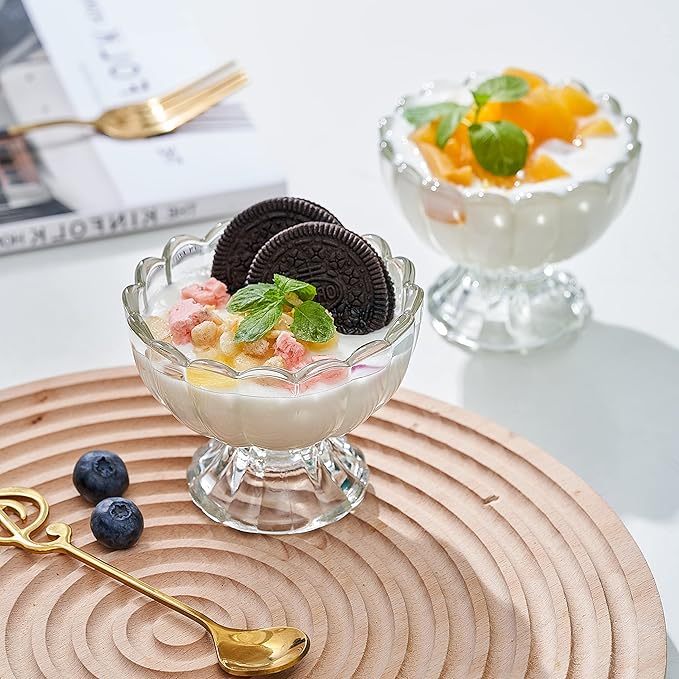 KMwares 6PCs Set 5oz Small Cute Footed Tulip Glass Dessert Bowls/Cups - Perfect for Dessert, Sundae, Ice Cream, Fruit, Salad, Snack, Cocktail, Condiment, Trifle and Christmas Holiday Party (Clear)