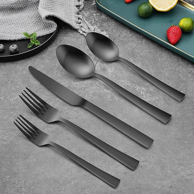 20-Piece Matte Black Silverware Set, E-far Stainless Steel Flatware Set Service for 4, Metal Cutlery Eating Utensils Tableware Includes Forks/Spoons/Knives, Square Edge