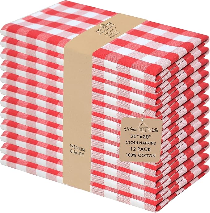Urban Villa Cloth Napkins Set of 12 20x20 Inches 100% Cotton Napkins Cloth Washable Durable Reusable Absorbent Table Dinner Napkins Cloth for Christmas Hotel Lunch Restaurant Parties- Red White