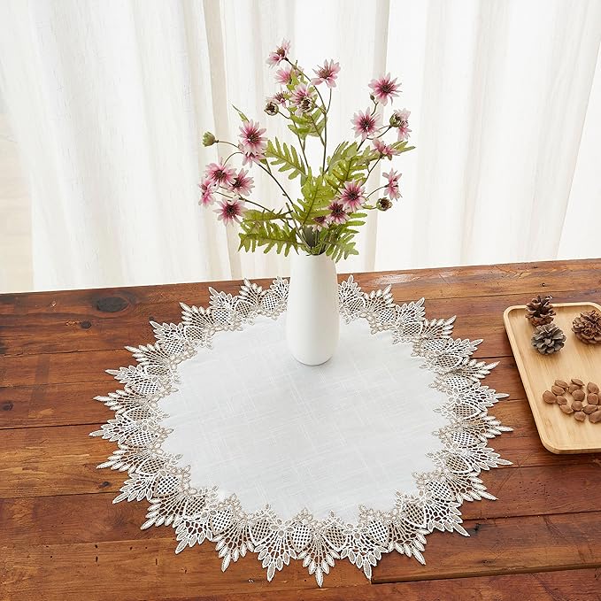 White Linen Doily 24 inches Round Neutral Earth Tones Beige Lace Coffee Table Topper Dresser Scarf Place Mats (White, 24” Round)