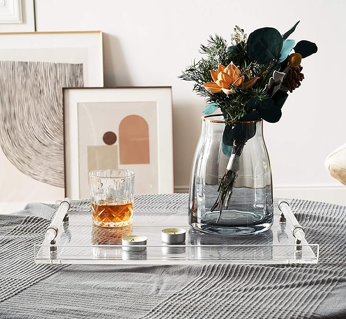 Acrylic Serving Tray, Breakfast Tray with Acrylic Handles, Decorative for Coffee Table & Kitchen, 16x12x2 inch