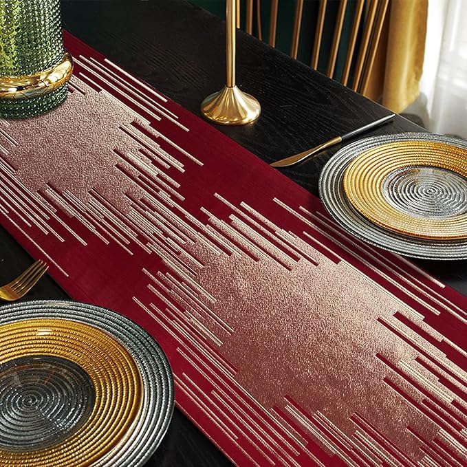 Luxury Red Table Runner 98 Inches Long Abstract Geometry Lines with Tassel Thick Fabric Handmade Embroidery Table Runners for TV Console Night Stands Keyboard Sideboard Home Decor