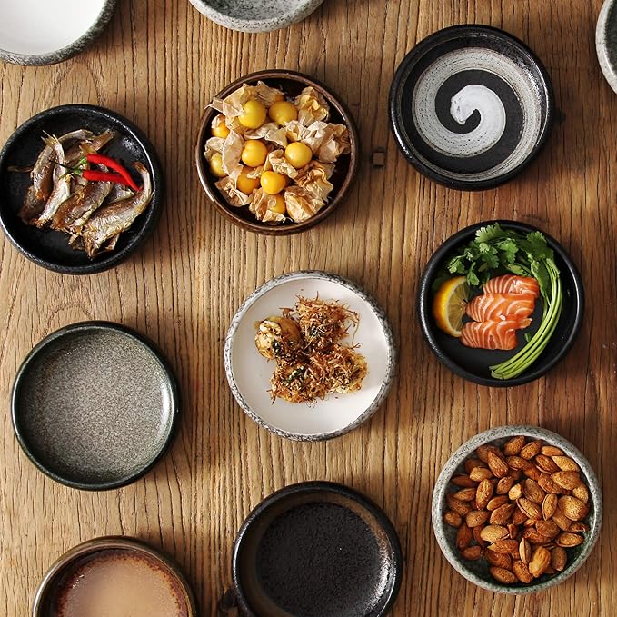 Uaral Japanese Salad Plate,Black Plates and Bowls Set,Stoneware Black Plate Set,Appetizer Plates Set of 4,5.5 inch,14 oz(Texture Matte)
