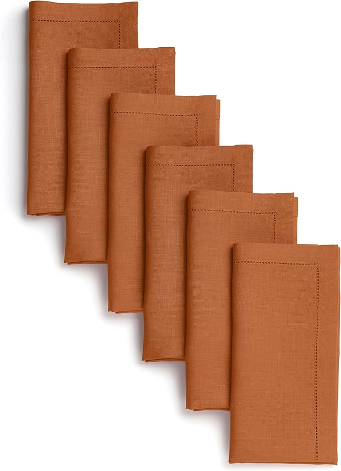 D'Moksha Homes Rust Linen Napkins Set of 6 - Classic Hemstitch 100% Pure Linen Hemstitch Dinner Napkins 20 x 20 Inch for Winter, Christmas, Holiday, New Year - Handcrafted and Machine Washable