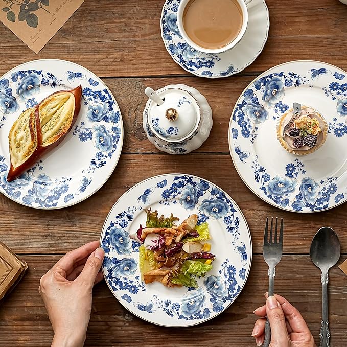 Porcelain Floral Plates, 8 inch, Set of 4,Small Plate, Small Appetizer Plates,Round dessert plate for breads, desserts, snacks, salads (Blue flowers)