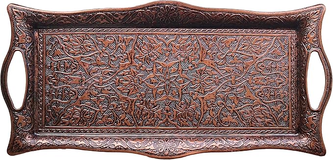 Metal Serving Tray with Raised Edges, Vintage Design Tray, Rectangular Metal Serving Tray, Decorative Serving Platter, Turkish Ottoman Coffee Tea Beverage Serving Square Tray (Aged Brown)