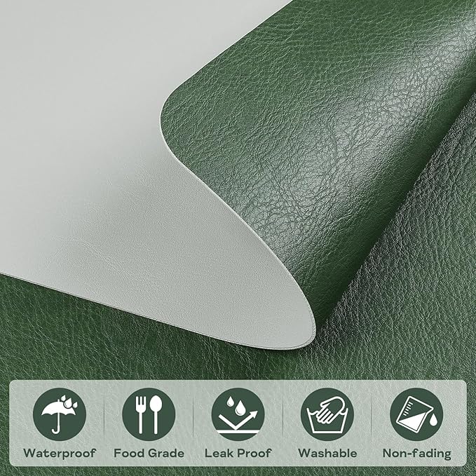 Faux Leather Placemats Set of 6, Vinyl Placemats Wipeable Waterproof Oil-Proof Table Mats, Heat Resistant Place Mats for Kitchen Indoor Outdoor, 16.9 x 11.8 Inch (Green/Grey)