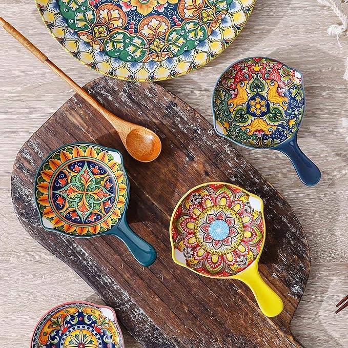 Henten Home Porcelain Sauce Dishes with Handle, 4 Inch Ceramic Dipping Dish Set of 6, Colorful Salsa Bowls for Sushi, Snack, Appetizer, Bohemian Style, Dishwasher & Microwave Safe