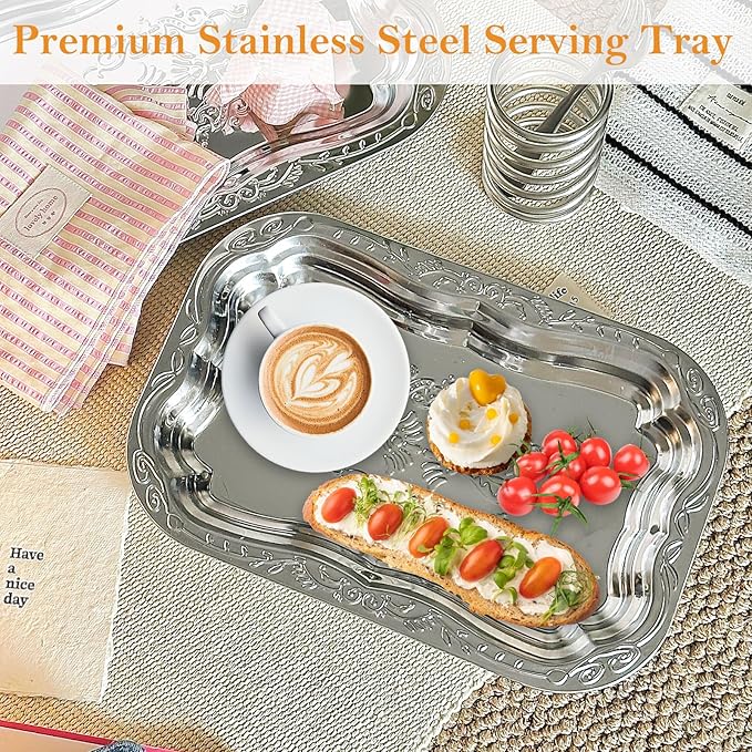 Stainless Steel Mirror Tray - Silver Engraved Decorative Serving Tray with Floral Pattern, Ideal for Party Desserts, Snacks, Drinks, and Holiday Table Display
