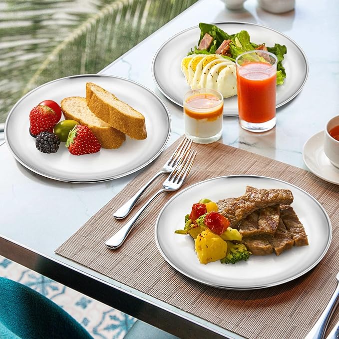 Onader 8-Piece 18/8 Stainless Steel Plates, 7.8 Inch 304 Metal Dinner Camping Plates, Kids Toddlers Round Serving Dishes, Dishwasher Safe