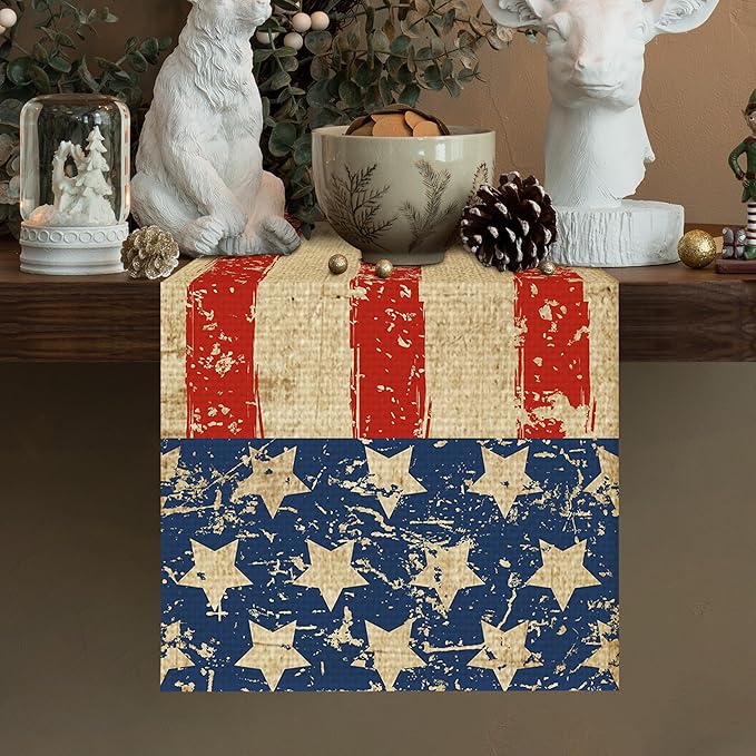 USA Flag 4th of July Table Runner Seasonal Holiday Kitchen Dining Linen Table Decoration for Indoor Outdoor Home Party Decor 13 x 72 Inch