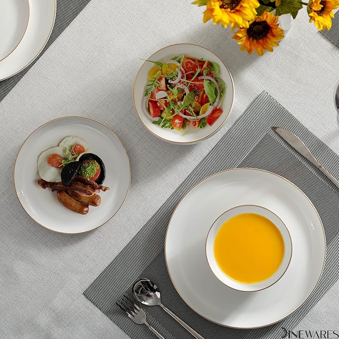 Perlaceo Luxurious Collection of 12-Piece White with Gold Rim Bone China Dinnerware Set - Lightweight and Durable - Service for 4, Including Dinner Plates, Salad Plates, and Cereal or Soup Bowls