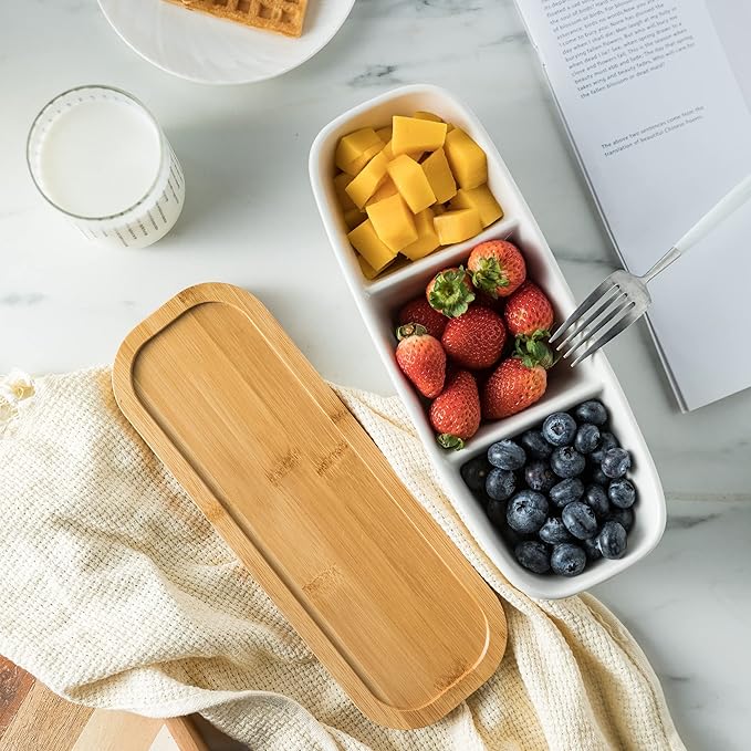 3 Compartment Condiment Tray, Chip and Dip Bowl with Wooden Serving Tray, Perfect for Snacks, Appetizers, Charcuterie, Chips, Candy, 10-inch Chip and Dip Serving Set for Parties