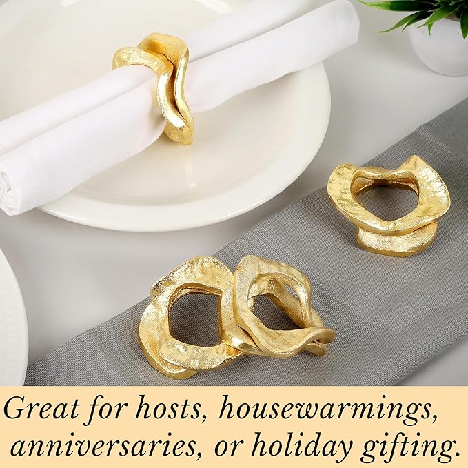 CLEENTABLE 8 Pcs Metal Table Decor Napkin Rings Wavy Sculptural Napkin Holders, Decorative Serveitte Ring for Table Settings Wedding Christmas Party Dinner Table (Gold)