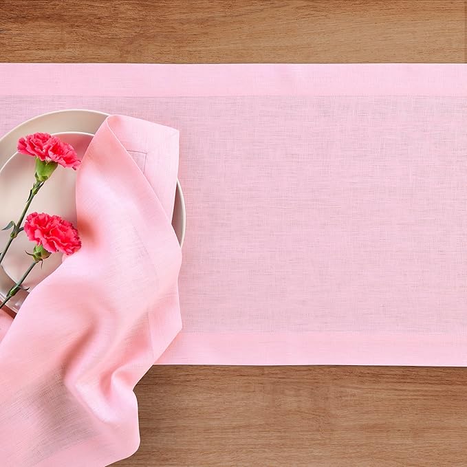 Solino Home Linen Pink Lemonade Table Runner 132 Inches Long - 100% Pure Linen Extra Long Table Runner 14 x 132 Inch for Christmas - Fete